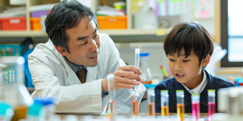 a Japanese teacher helping a student with a science fair project