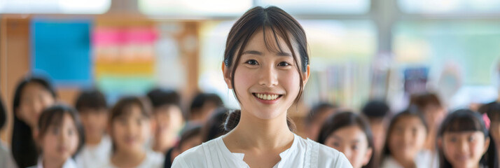 Naklejka premium a Japanese teacher welcoming her new class