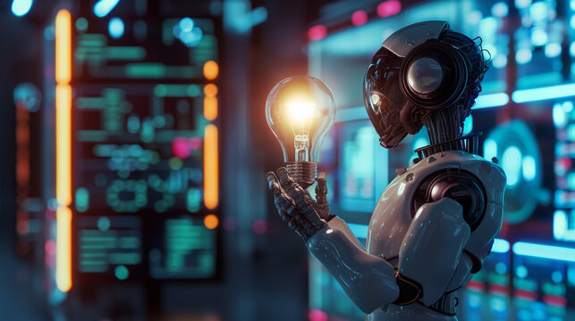 KI Roboter h&auml;lt eine leuchtende Gl&uuml;hbirne in der Hand l&auml;sst Gl&uuml;hbirne schweben wie ein Hologramm Zukunftsvision von moderner KI Generative AI