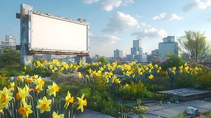 Vibrant rooftop daffodil garden with a blank white billboard for advertising or marketing display in the city skyline
