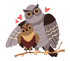 Mom mother owl and child bird concept. Vector flat graphic design illustration