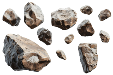 Flying asteroids die cut PNG style isolated on white and transparent background