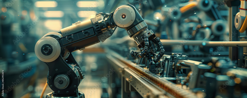 Poster a robot arm assembling a complex piece of machinery, its movements precise and efficient.
