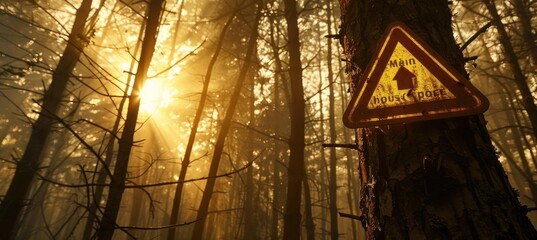 Fire danger sign on the tree . beauty forest