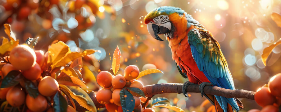 A colorful parrot perched on a tropical fruit, its feathers shimmering in the sunlight.