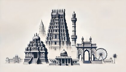 Obraz premium Watercolor illustration with famous landmarks of tamil nadu.