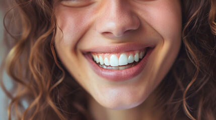 Fototapeta premium The smile on her face radiates pure happiness, with her eyes crinkling warmly, enhancing the expression of joy. The genuine, open-mouthed grin highlights her white teeth and full lips, creating a sens
