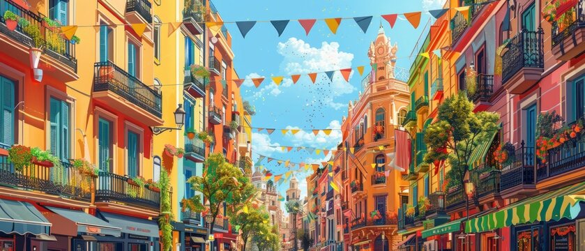 Fototapeta Eye-level angle, vibrant streets of Festa Major de Gracia, colorful, intricate decorations, traditional Catalan costumes, festive atmosphere, oil painting style