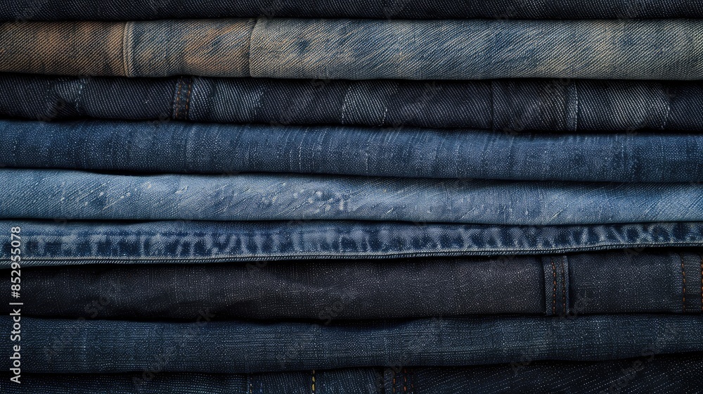 Poster empty denim canvas background for text with stacked jeans in various shades