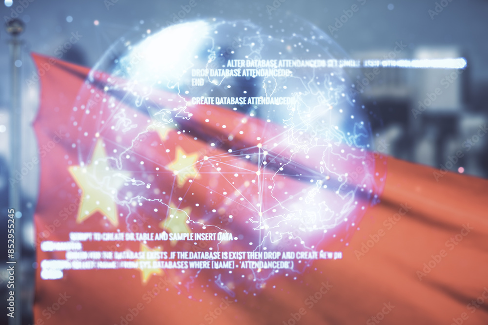 Aufkleber double exposure of abstract programming language hologram and world map on flag of china and blurry 