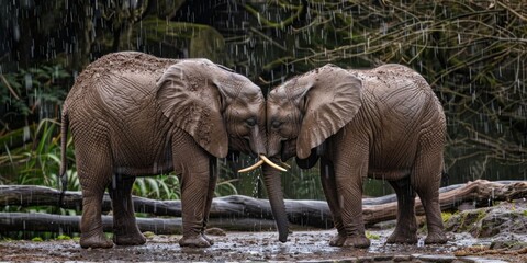 Fototapeta premium Two Adorable Elephants Huddling Together in the Rain for Warmth, Capturing the Essence of Zoology, Outdoor Dynamics, and Love. Perfect for Valentine's Day, White Day, and Celebrating Warmth and Affect