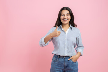 Satisfied Indian woman showing like gesture
