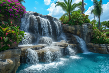 Naklejka premium A picturesque water park in America with cascading waterfalls, tropical plants, and stunning water rides, Generative AI