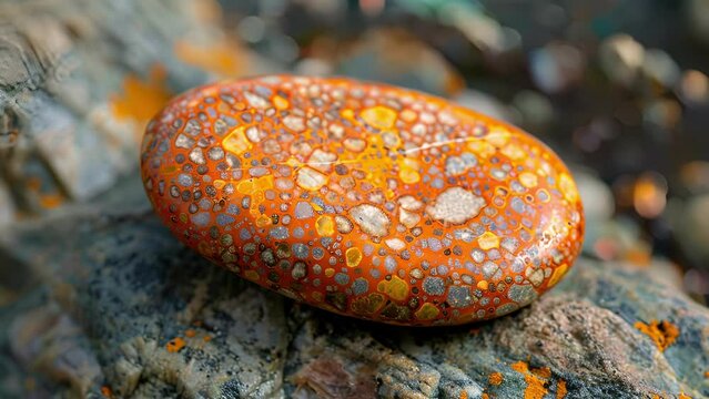 A tiny pebble is covered in a patchwork of glowing orange speckles giving it a fiery and energetic texture.