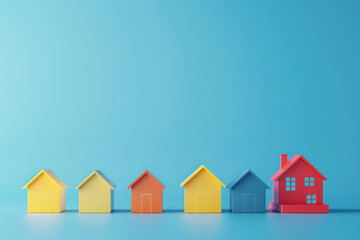 Colored miniature houses on blue background. Concept of investing in real estate. Searching new house for purchase