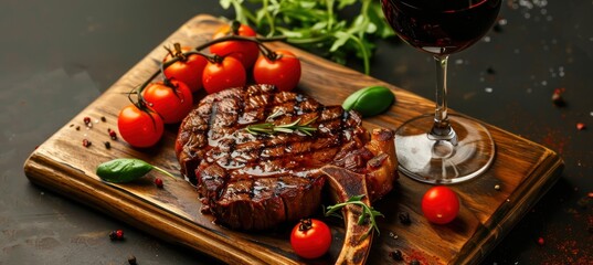 Grilled sliced Tomahawk Steak on bone - fresh vegetable and glass of Red wine on dark background healthy food
