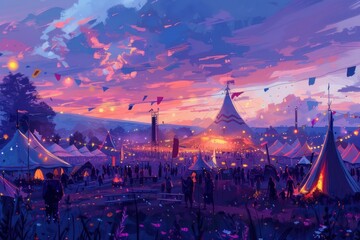 Low-angle view of Glastonbury Festival at dusk, vibrant crowd, glowing lights of the stage, tents and flags fluttering, oil painting style with rich textures and warm colors