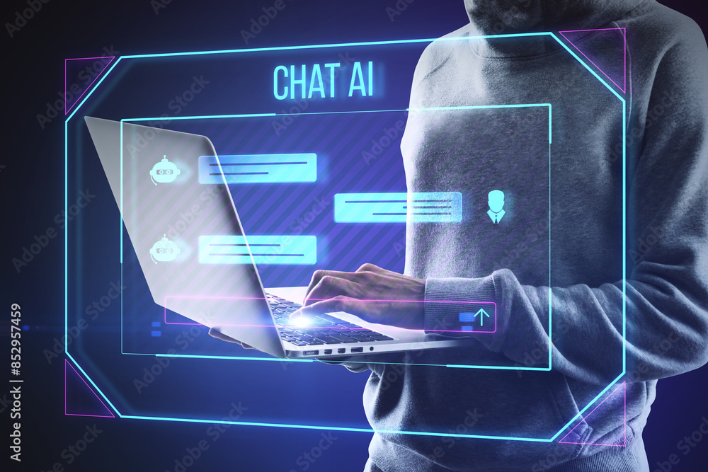 Poster Hacker using laptop computer with creative ai chat hologram on blurry background. Chat GPT and communication bot concept.