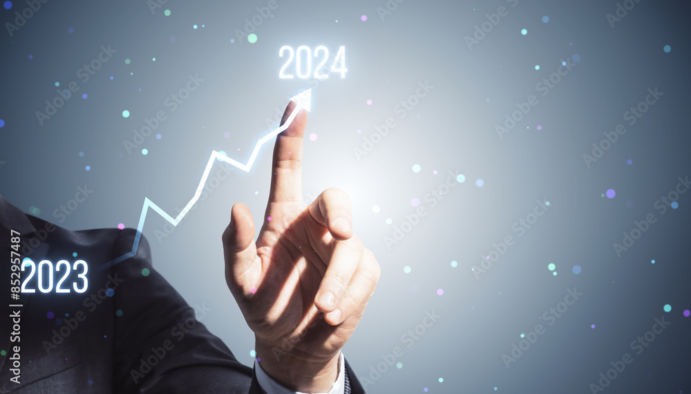 Poster close up of businessman pointing at growing business chart hologram on light background. annual repo