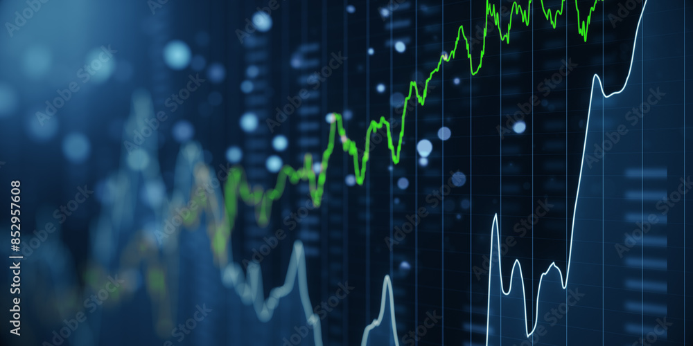Poster creative glowing candlestick forex chart hologram on blurry background. finance and stock concept. 3