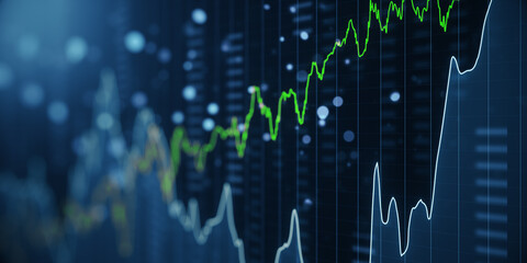 Creative glowing candlestick forex chart hologram on blurry background. Finance and stock concept. 3D Rendering.