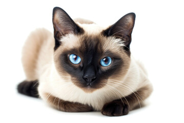 Captivating close-up portrait of a Siamese cat with striking blue eyes and a serene expression, isolated on white background