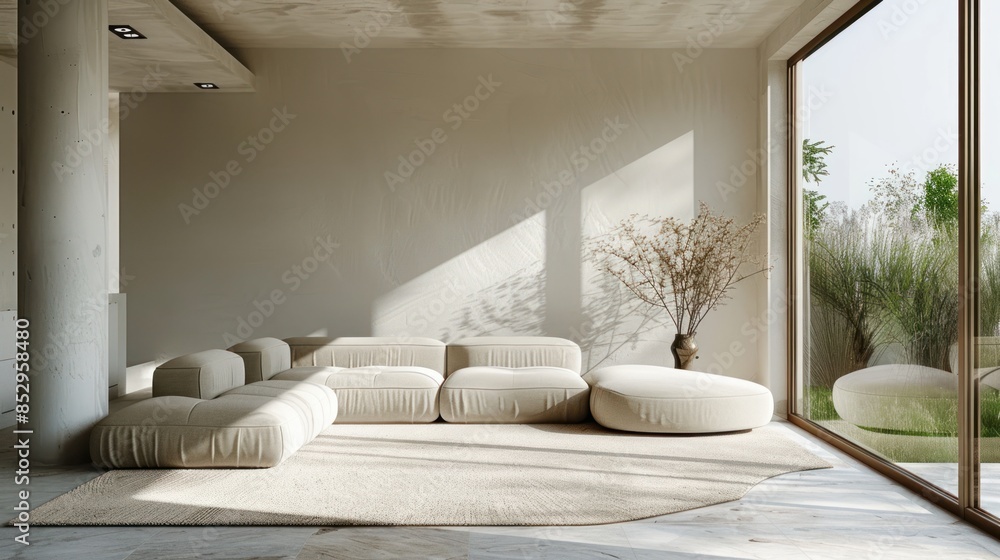 Wall mural a long cream-colored sofa in the corner of the room, a white wall, a vase of flowers on the side, be