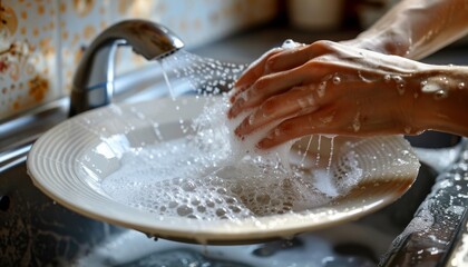 Hands cleaning white ceramic dish with soapy water in kitchen sink for effective dishwashing