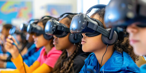 Latino students using virtual reality headsets in class