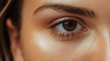 Fototapeta premium Close up of beautiful woman's brown eyes with eyelash and brow lift. 