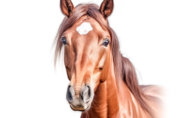 Obraz premium A brown horse with a white face is looking at the camera.