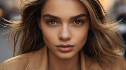Fototapeta premium Close up portrait of beautiful young female model in 20s with perfect glowy skin on the city street