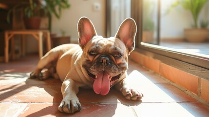 Portrait of a fawn French bulldog lying by the window on the tiled floor, breathing heavily and sticking out his tongue in hot weather