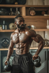 Fototapeta premium a Black man doing a morning workout with kettlebells in his home gym