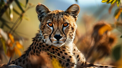 Majestic cheetah staring wild beauty in nature, AI Generative.