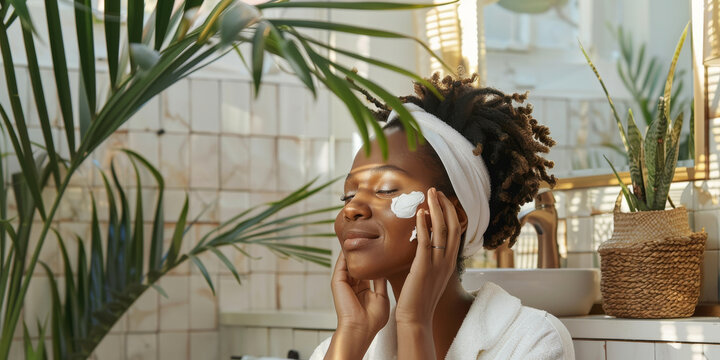 a Black woman doing a morning skincare routine with natural products in a stylish bathroom