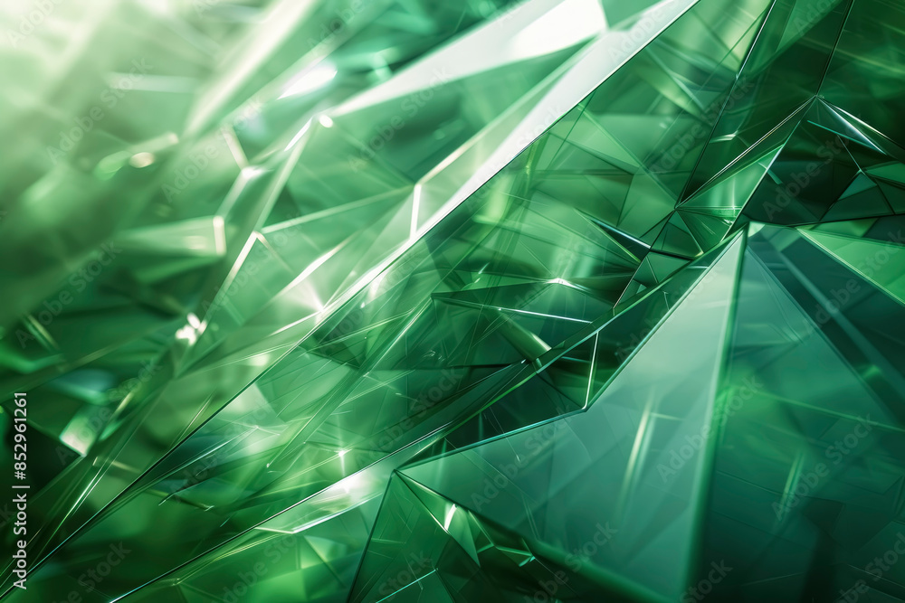 Poster a 3d geometric background in shades of emerald green with intricate patterns and angular shapes. dyn