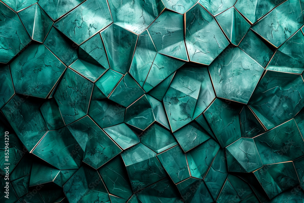 Poster A 3D geometric background in shades of emerald green with intricate patterns and angular shapes. Dynamic lights cast shadows and highlights, emphasizing depth and texture.
