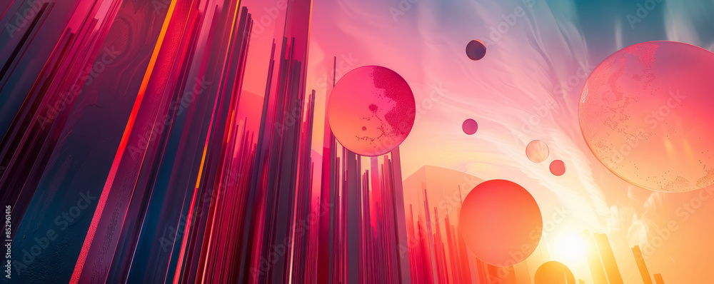 Poster a modern background consisting of straight lines intersecting with pink circles,. lighting enhances 