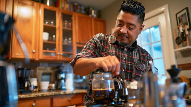 a Hispanic man preparing his favorite coffee brew with a French press in his kitchen - Powered by Adobe