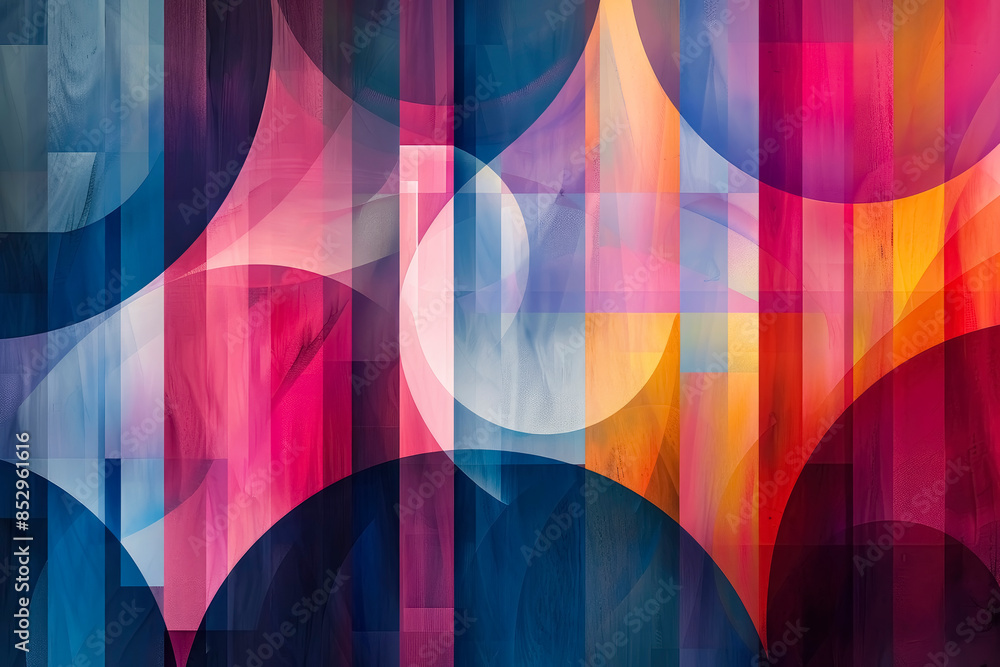 Poster geometric background with intersecting shapes and bright pink and blue flowers. clean lines and symm