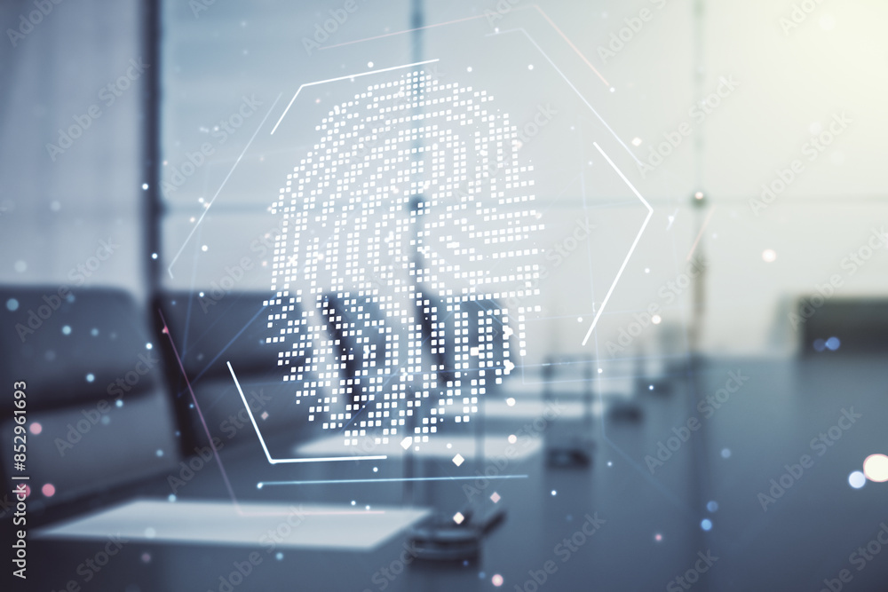Poster multi exposure of virtual abstract fingerprint illustration on a modern conference room background, 