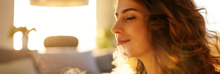 a Hispanic woman using essential oils in a diffuser as part of her morning relaxation routine