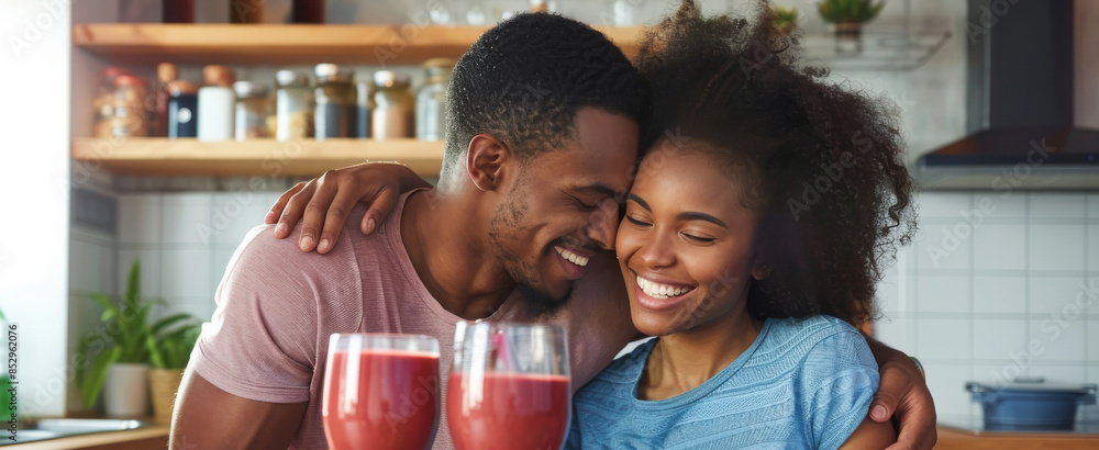 Wall mural an African American couple enjoying a healthy smoothie together in their modern kitchen, with fresh ingredients