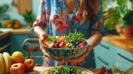 a Latin American woman preparing a smoothie bowl for breakfast with fresh greens and fruits