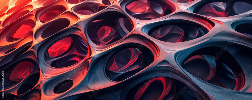 Poster 3d geometric background in deep burgundy tones with flowing patterns and intersecting shapes. dynami