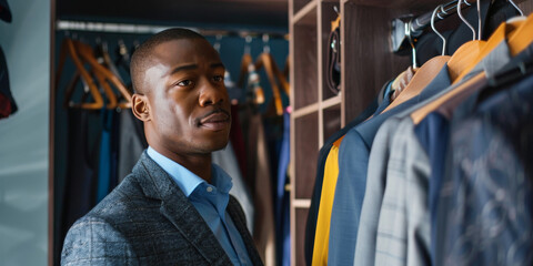 Fototapeta premium an African American man preparing his outfit for the day, hanging clothes in a stylish wardrobe