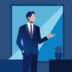 A businessman in a suit giving a presentation on a large screen