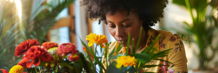 an African American woman arranging fresh flowers in a vase as part of her morning ritual