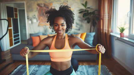 an African American woman doing a quick home workout with resistance bands in her living room